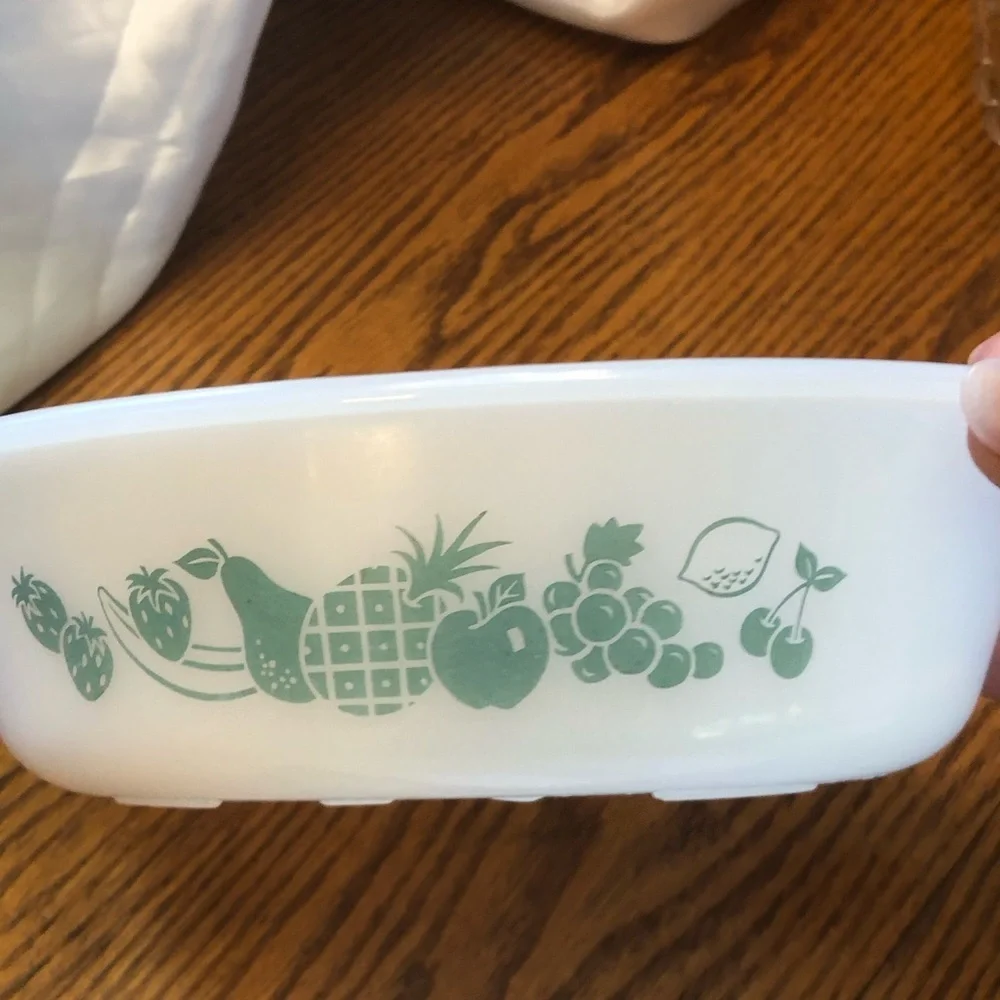 Glasbake 1 Quart Baking Dish Turquoise Fruit Pattern